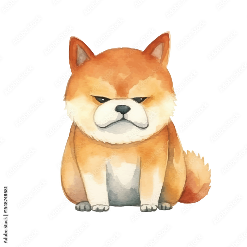 Fototapeta premium Watercolor Grumpy Shiba Inu Puppy Portrait