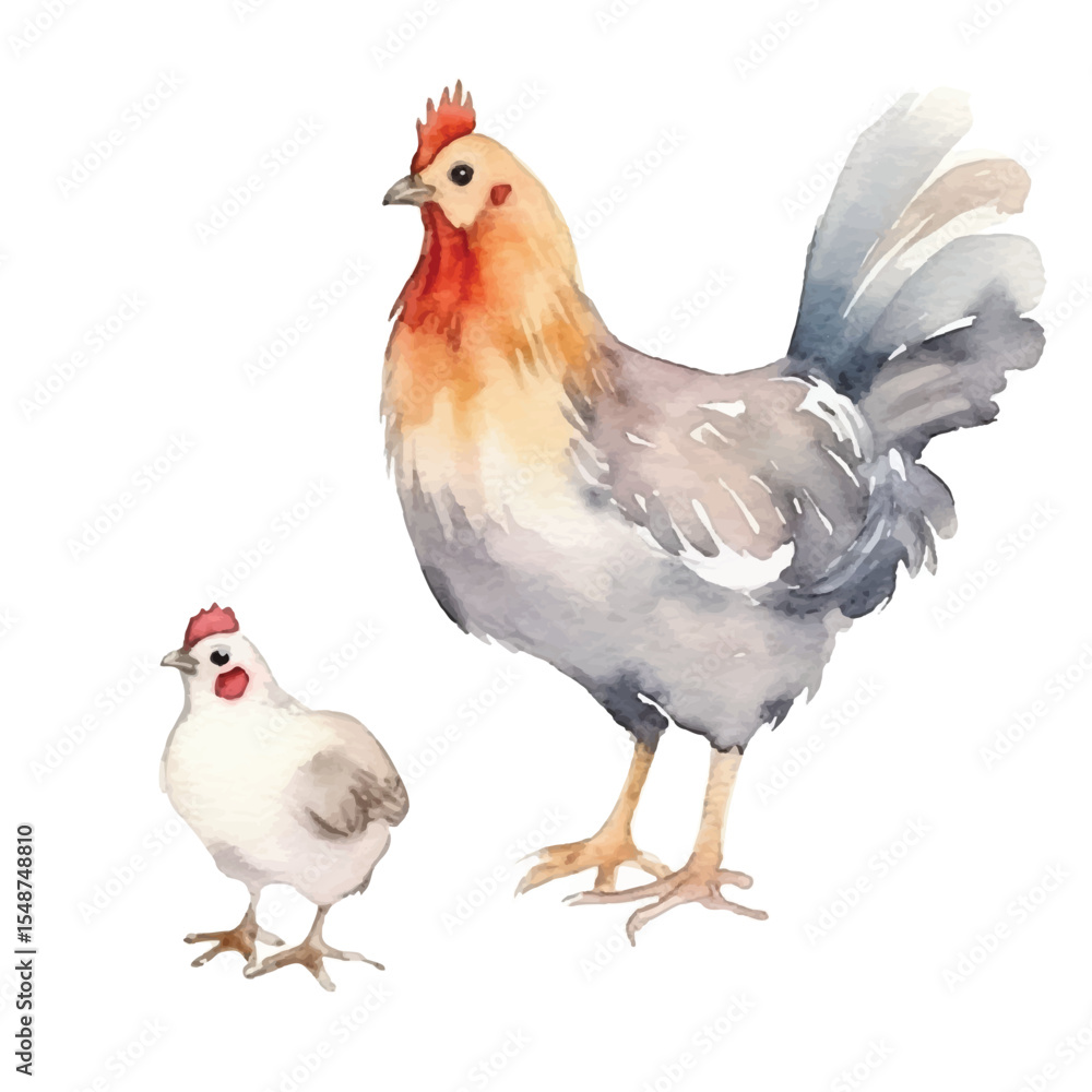 Fototapeta premium Watercolor Hen and Chick A Gentle Farm Scene