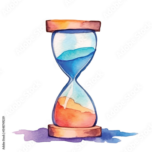 Watercolor Hourglass with Flowing Blue and Orange Sands Indicating Time Passing