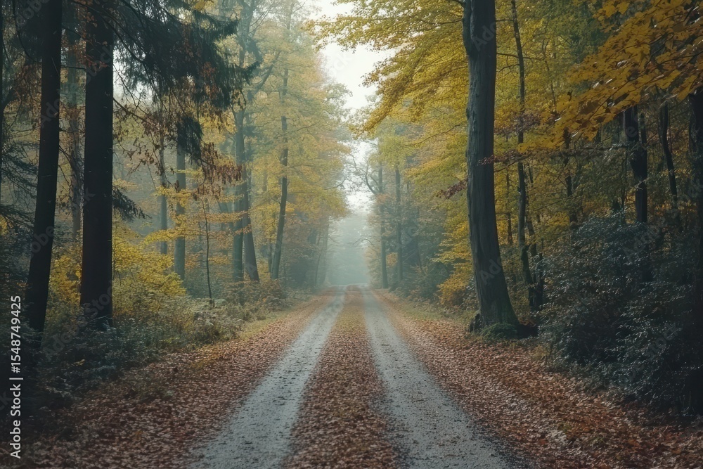 Naklejka premium Serene Woodland Path Covered in Leaves