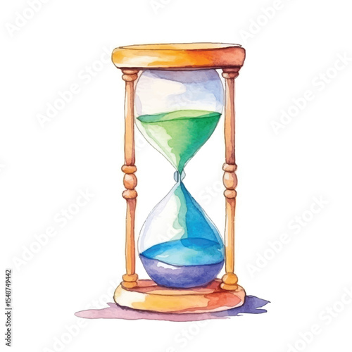 Watercolor Hourglass with Green and Blue Sands Depicting Times Passage