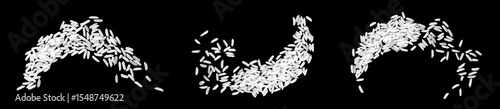 White rice grains scattered on black background, symbol of food, agriculture, and nutrition, perfect for culinary design, healthy diet concepts, and organic farming or kitchen ingredient themes.