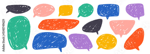 Colored hand drawn speech bubble collection. Scribbled textured dialog box set. Crayon doodled comic talk frames. Red, yellow, blue balloon text box bundle. Bright sketched chat boxes pack. Vector 