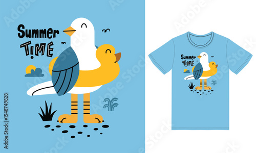 Cute seagull summer time illustration with tshirt design premium vector