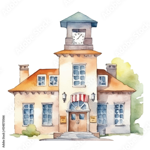 Watercolor Illustration of a Charming Town Hall Building
