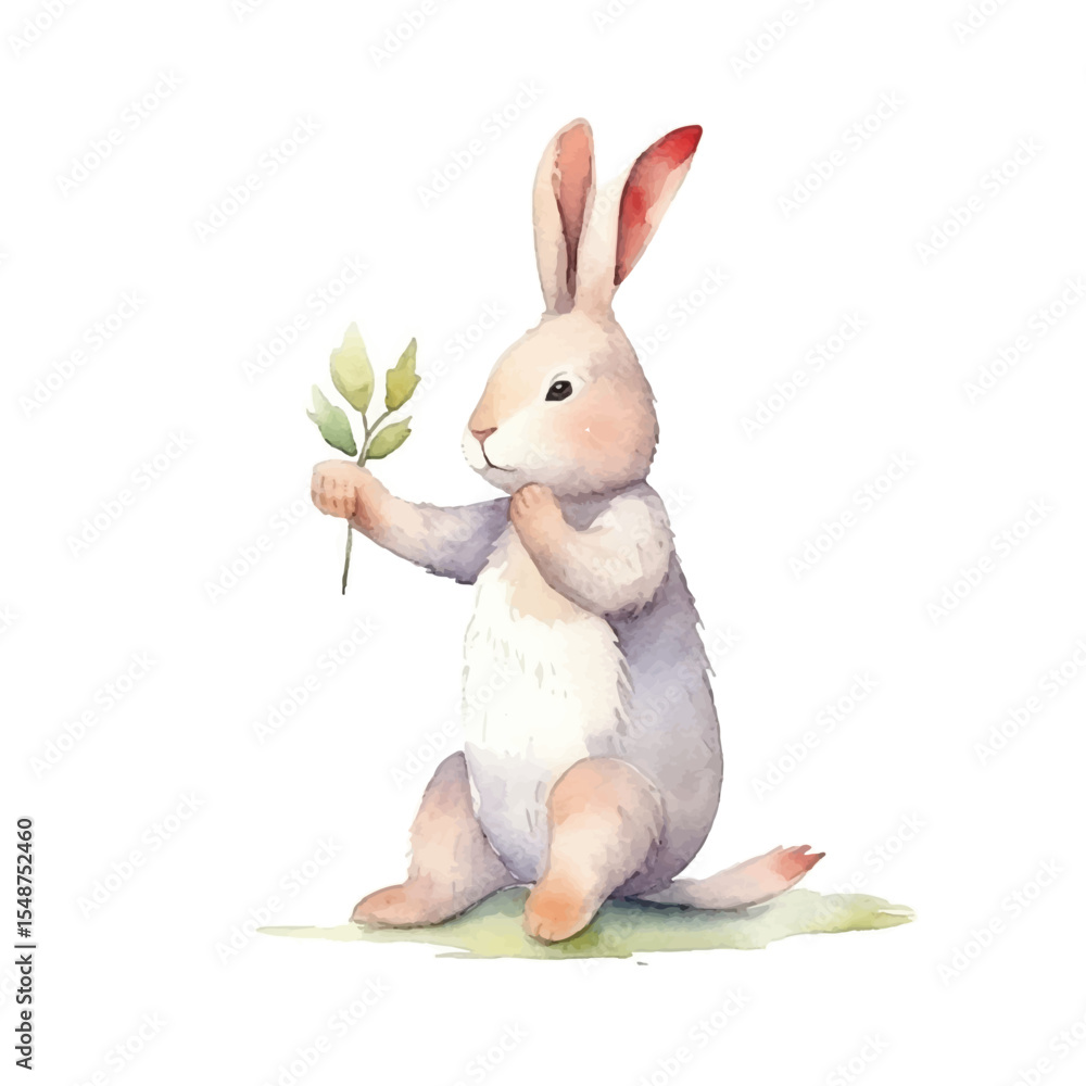 Obraz premium Watercolor Illustration of a Cute Rabbit Holding a Tiny Plant
