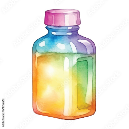 Watercolor Illustration of a Gradient Colored Bottle with Pink Cap