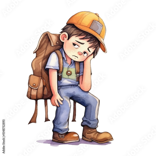 Watercolor Illustration of a Sad Boy with Backpack
