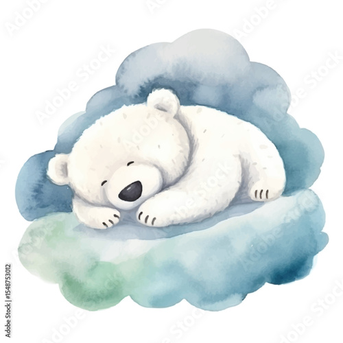 Watercolor Illustration of a Sleepy Polar Bear on a Cloud (1)