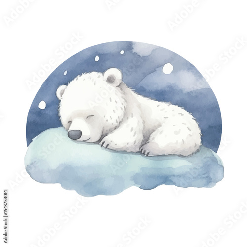 Watercolor Illustration of a Sleepy Polar Bear on a Cloud