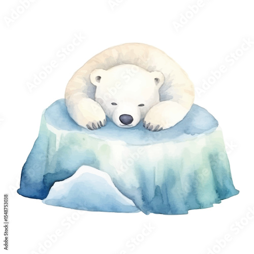 Watercolor Illustration of a Sleepy Polar Bear on Ice