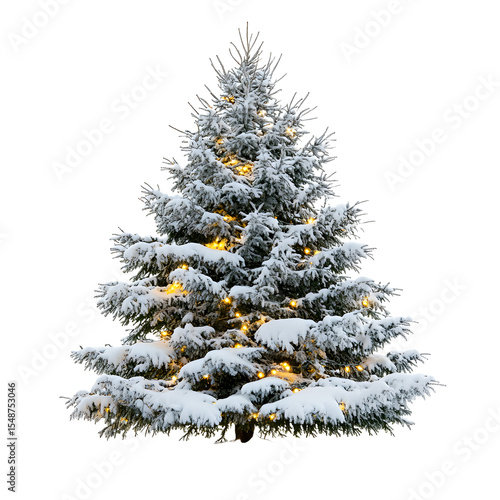 Snow-covered Christmas tree with warm lights