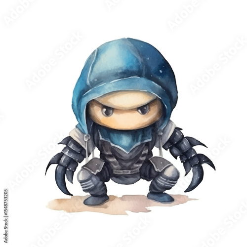 Watercolor Illustration of a Tiny Angry Hooded Figure with Claws