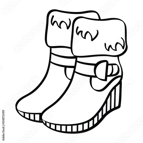 A pair of women's short boots with buckles and fur trim line art illustration