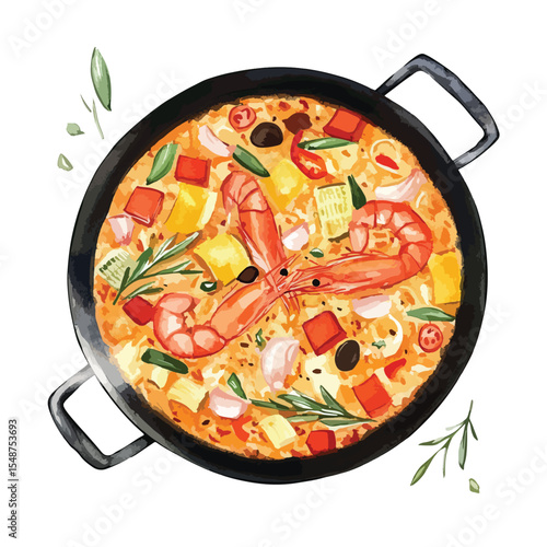 Watercolor Illustration of Paella with Shrimp Vegetables and Herbs in a Pan