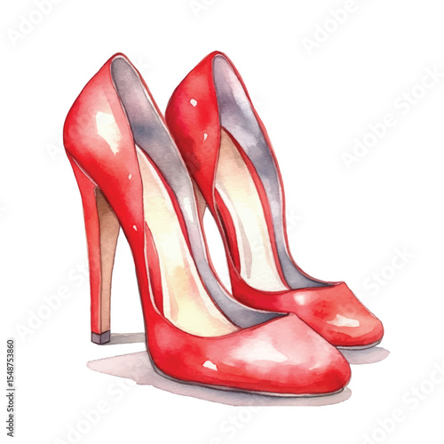 Watercolor Illustration of Two Elegant Red High Heel Shoes