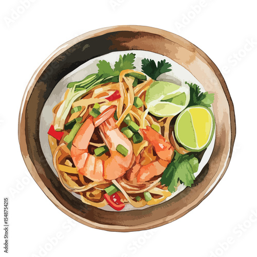 Watercolor Pad Thai with Shrimp Lime and Fresh Herbs on Wooden Plate