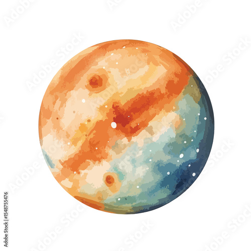 Watercolor Planet Depicting Mars with Varied Orange Blue and White Hues