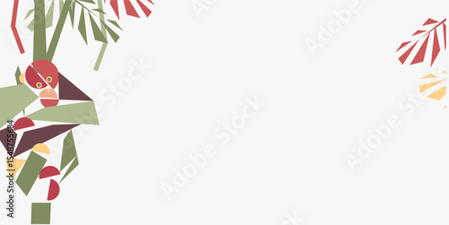 Orangutan day celebration background design with cubism orangutan animal and plants and with negative area for text. Cute orangutan animal geometry. protecting animal. world orangutan day