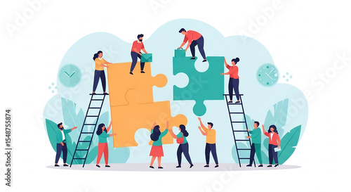 A group of people collaborating to assemble large puzzle pieces, working together on ladders and the ground with white isolated background