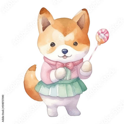 Watercolor Shiba Inu in Pink Sweater and Green Skirt Holding Lollipop