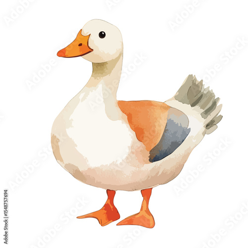 Watercolor Style Goose with Orange Beak and Feet Standing Profile View