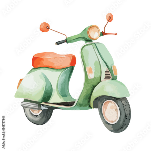 Watercolor style light green scooter with orange seat and round mirrors