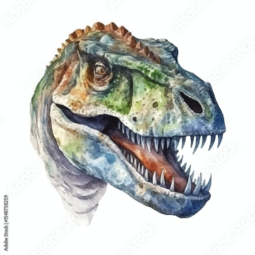 Watercolor Tyrannosaurus Rex Head with Open Jaws and Sharp Teeth