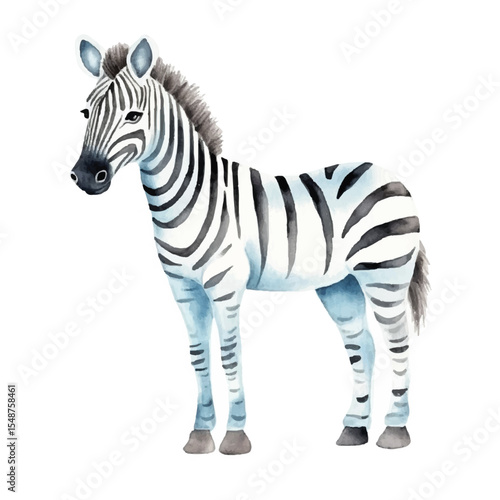 Watercolor Zebra Standing with Striped Pattern and Grayish Blue Tones