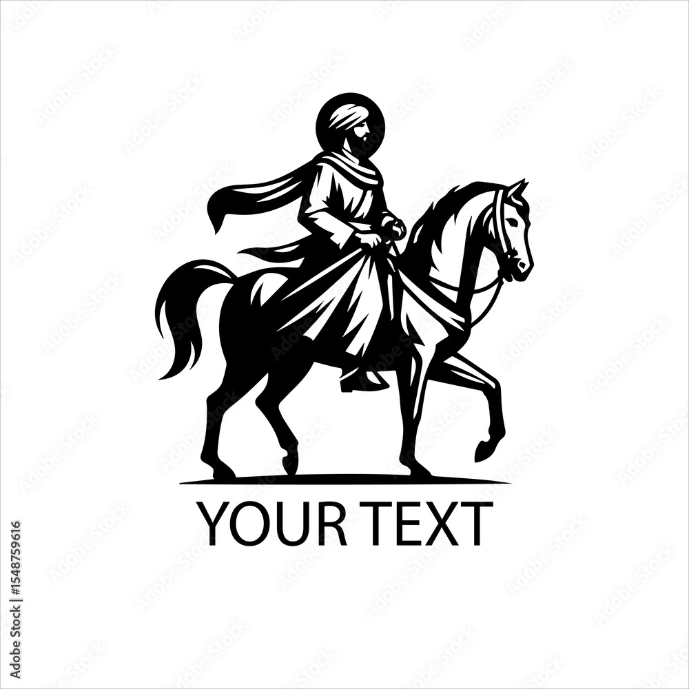 Fototapeta premium Muslim Hero on Horse Vector Logo in Black and White Isolated on White Background