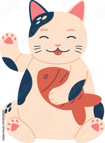 Lucky smiling cat with fish