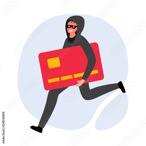 Masked thief steals credit card. Scammer or hacker stealing money. Prohibition sign. Stop scam and corruption. Concept of financial crimes, cyber attack, internet fraud.