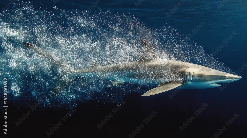 Fototapeta premium A burst of bubbles trails behind a fast-moving shark slicing through the ocean