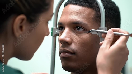 Close Up of Eye Exam with Doctor Assessing Vision for Pre Deployment Health Assessment