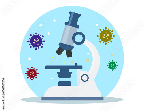 A microscope stands surrounded by colorful virus particles on a blue circle.