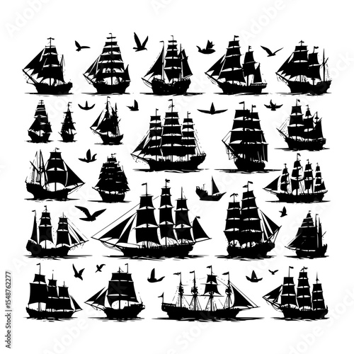 Collection of vintage sailing ship silhouettes