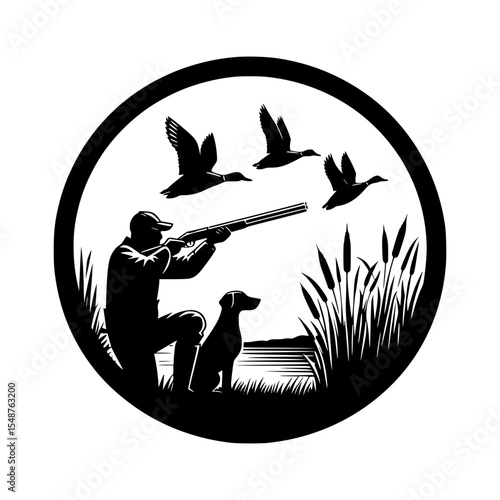 Hunter with dog shooting ducks in marsh