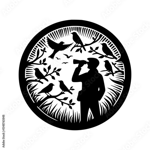 Birdwatching silhouette in circular nature design