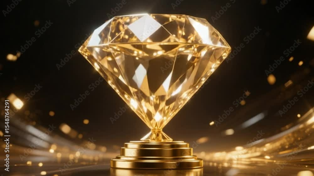 Diamond — Glowing Golden Gem on Luxurious Trophy Stand with Sparks and Dramatic Light | 4K HD Video Footage Download | Hyper-Realistic 3D Elegance in Award-Winning Render Diamond — Glowing Golden Gem on Luxurious Trophy Stand with Sparks and Dramatic Light | 4K HD Video Footage Download | Hyper-Realistic 3D Elegance in Award-Winning Render