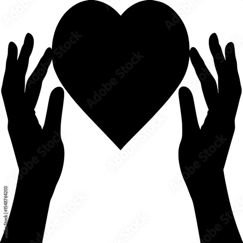 Flat, monochrome design featuring a heart shape held by two mirrored hands, all in solid black silhouette, set on a plain white background to represent love and protection in a minimal style.