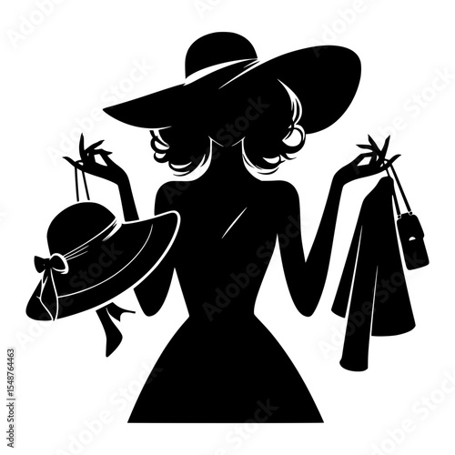 Elegant woman silhouette with hats and handbag