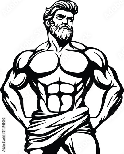 Silhouette of a muscular man with a beard, standing confidently, editable vector illustration