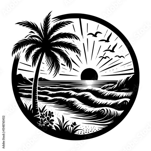 Tropical sunset beach scene black and white illustration
