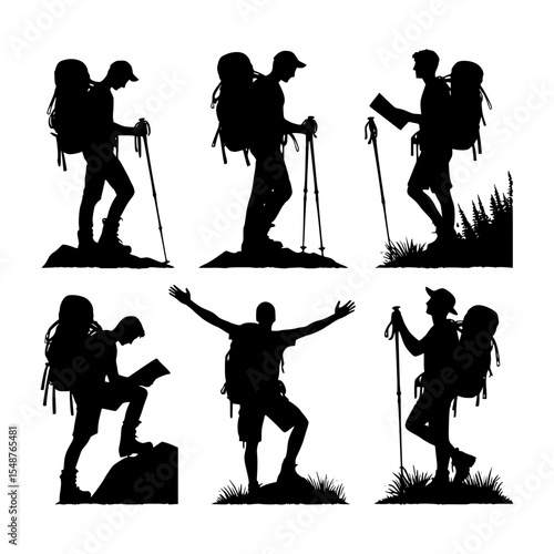 Six silhouettes of hikers with backpacks and trekking poles