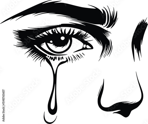 Woman's eye crying, black ink silhouette, editable vector illustration