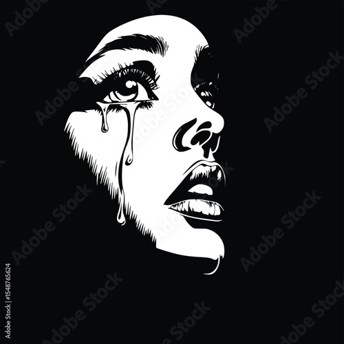 Woman's face silhouette, crying tears, dramatic expression, editable vector art