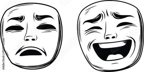 Editable vector illustration: comedy and tragedy masks, black and white silhouette, theatrical performance concept
