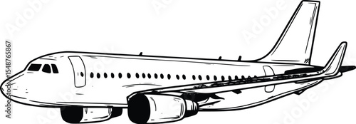 Editable vector silhouette of a passenger airplane in flight, sketched style