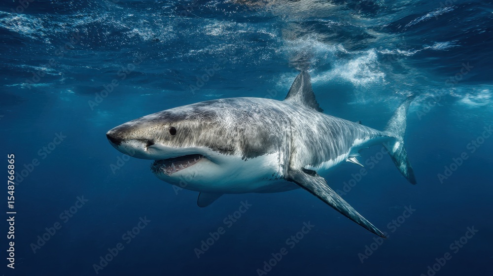 Naklejka premium Great white shark swimming swiftly in deep blue ocean with jaws slightly open, scanning for prey