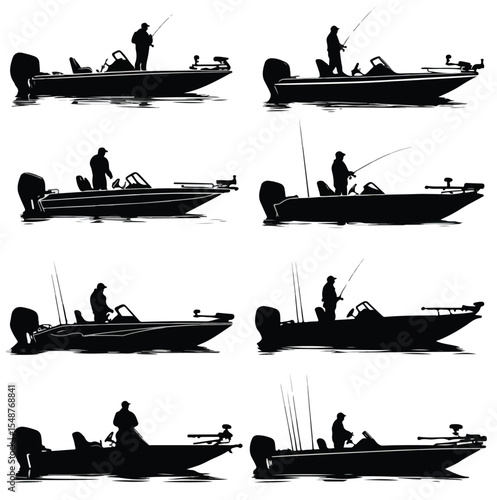 bass boat silhouette set, Black & White silhouette set 